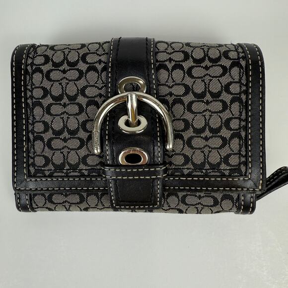 Vintage Coach Mini Signature Jacquard Bifold Wallet Black Gray Leather Buckle - Picture 1 of 11